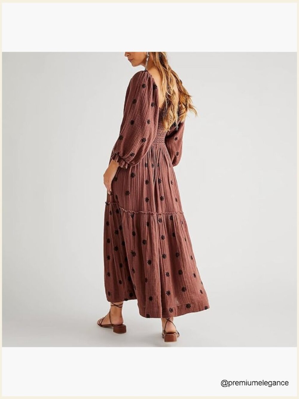 Floral Embroidered Maxi Dress Long Puff Sleeve Square Neck Boho with Pockets - Picture 3 of 4